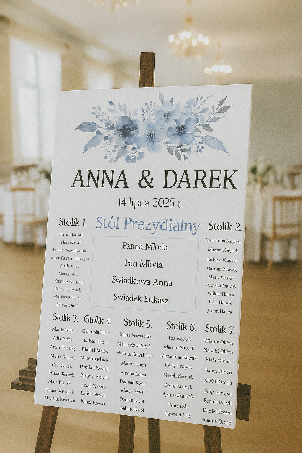 Plan Stołów Weselnych na Płótnie – "Błękitna Akwarela i Niebieskie Kwiaty"