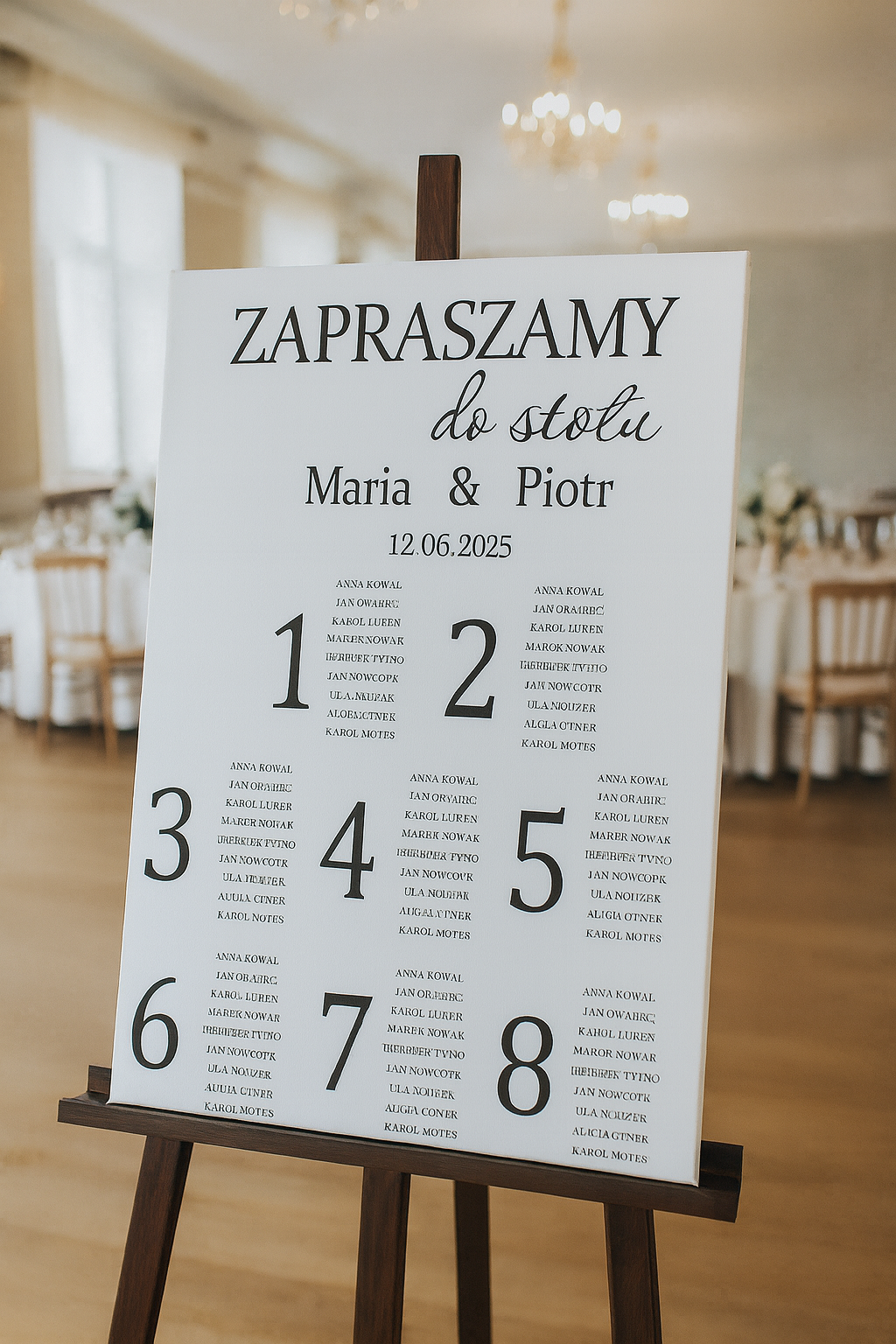 Plan Stołów Weselnych – Tablica Minimalistyczna "Black & White"