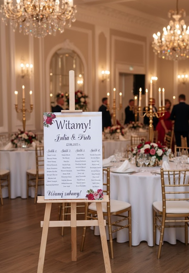 Plan Stołów Weselnych na Płótnie "Czerwone Róże i Złoto"