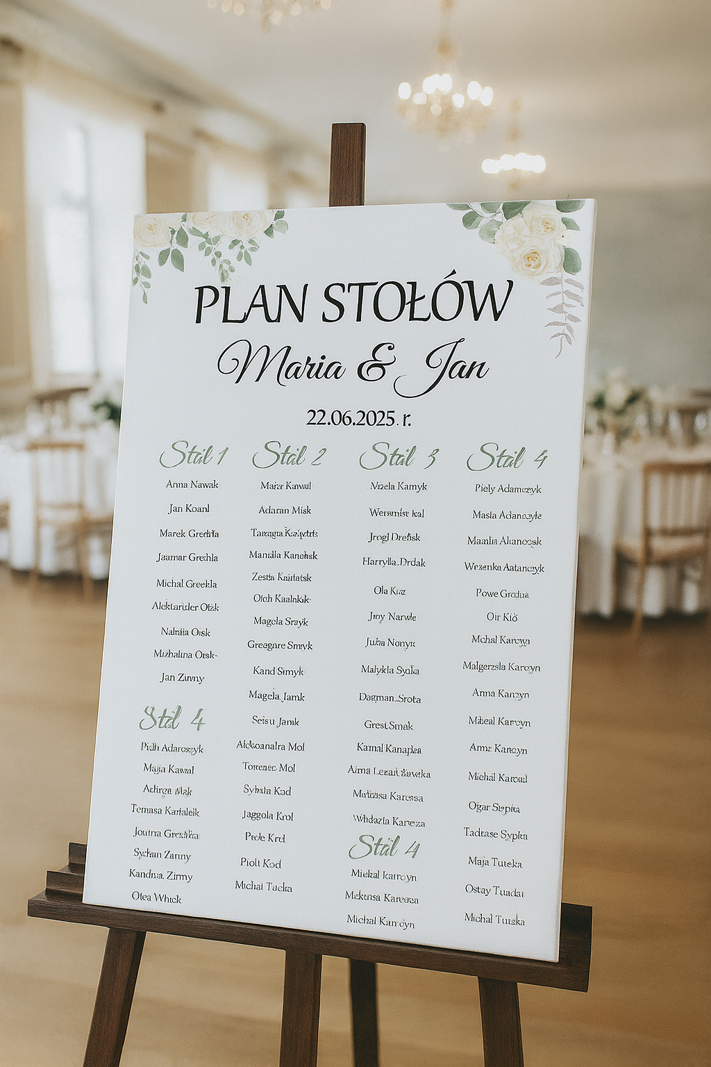 Plan Stołów Weselnych na Płótnie – "Złoty Eukaliptus i Biel"