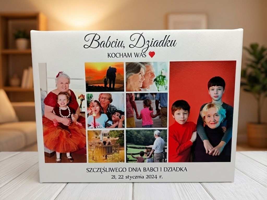 Prezent Obraz na Płótnie dla Babci i Dziadka – Kolaż 8 Zdjęć z Dedykacją