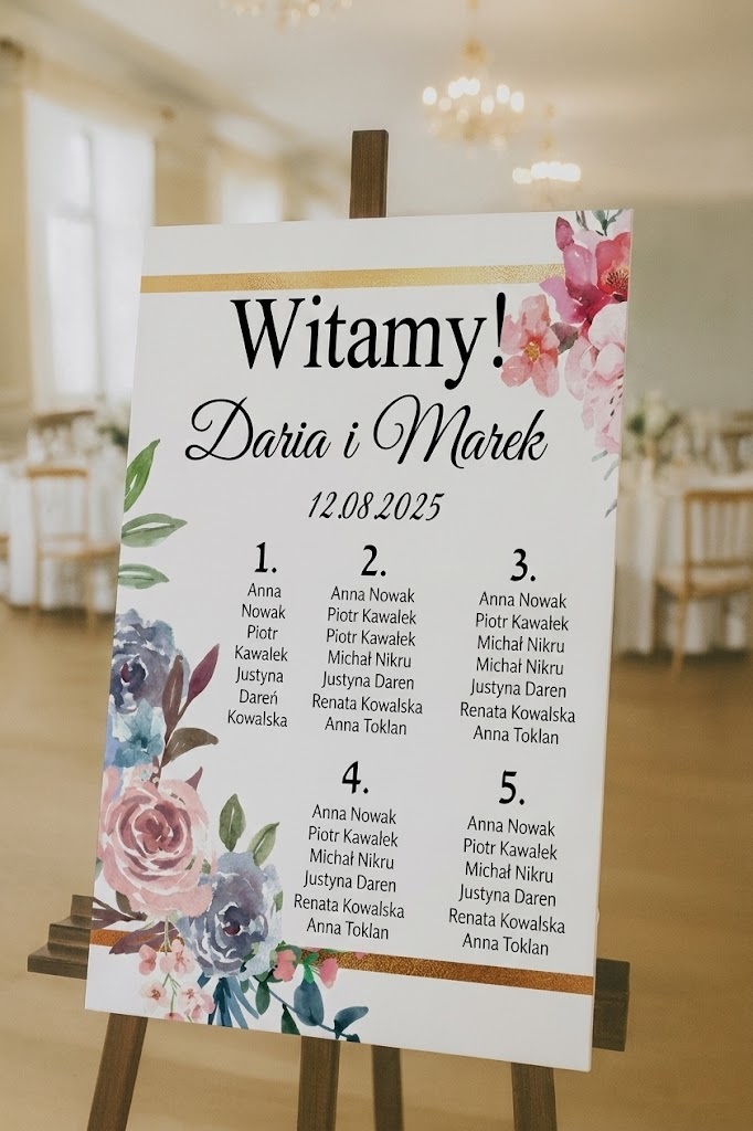 Plan stołów z listą gości obraz kolorowe kwiaty