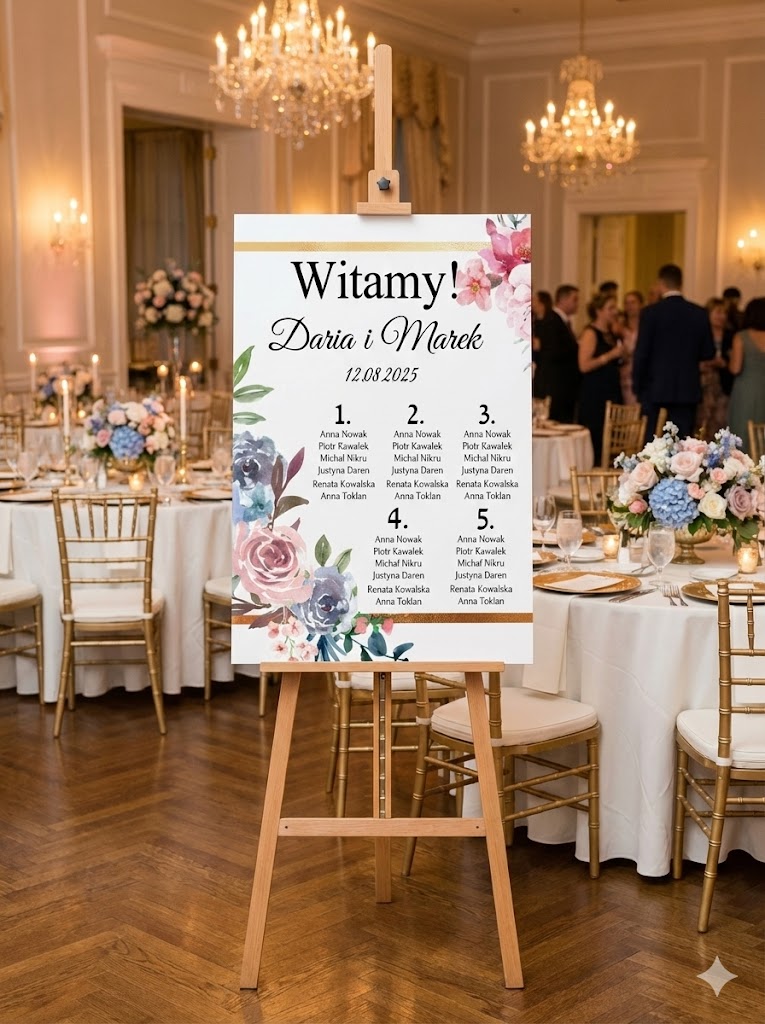 Plan Stołów Weselnych na Płótnie – "Akwarelowe Kwiaty Róż, Błękit i Złoto