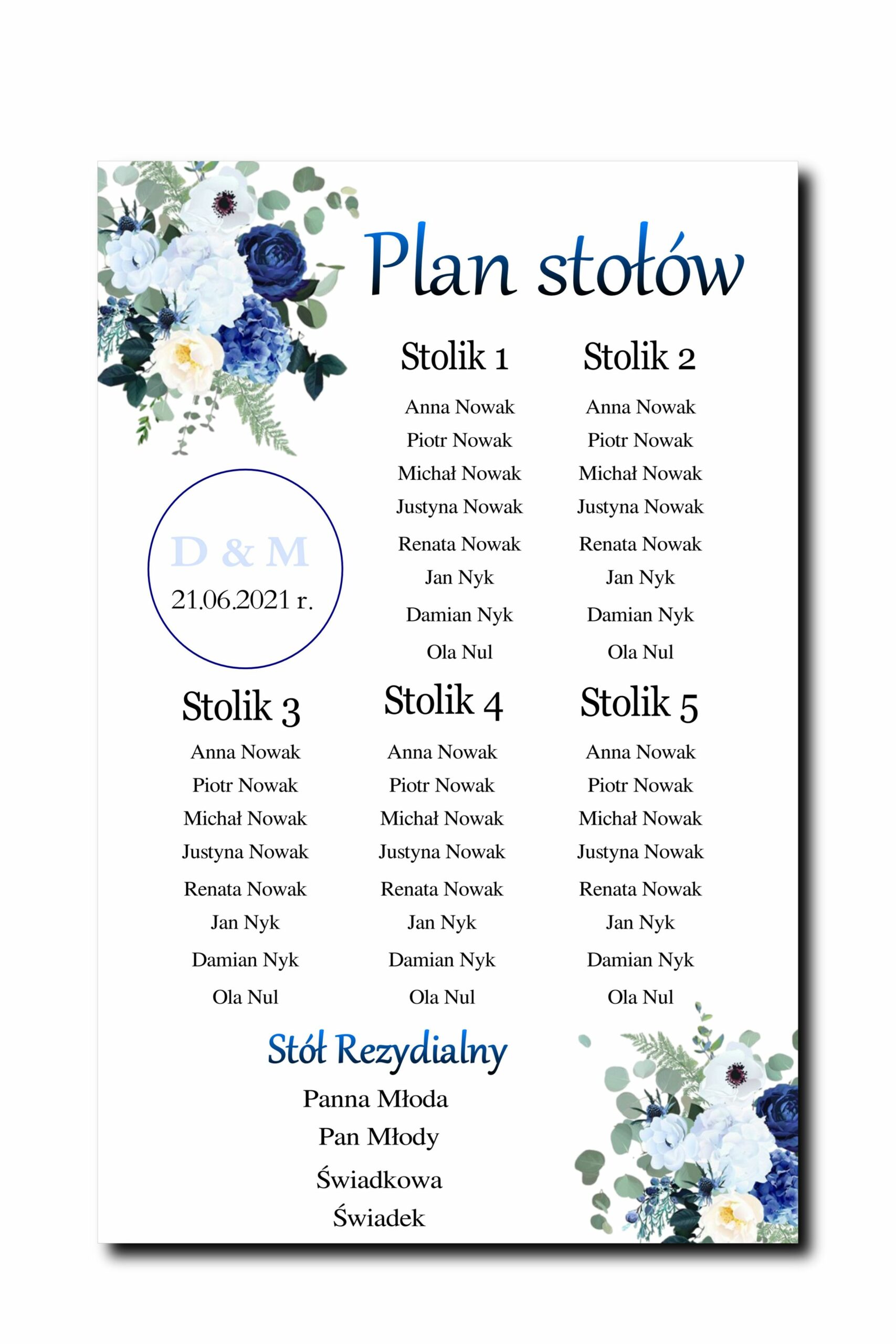 Tablica lista gości weselnych niebieskie kwiaty