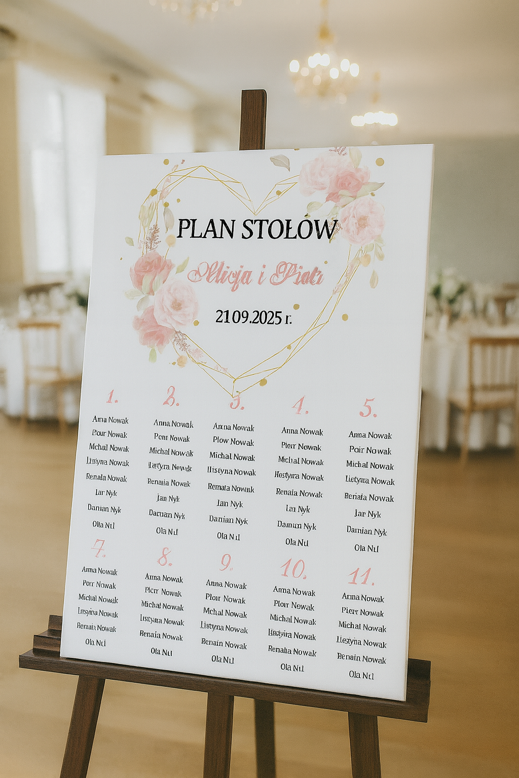 Tablica Weselna Plan Stołów – Serce Geometryczne, Pudrowy Róż