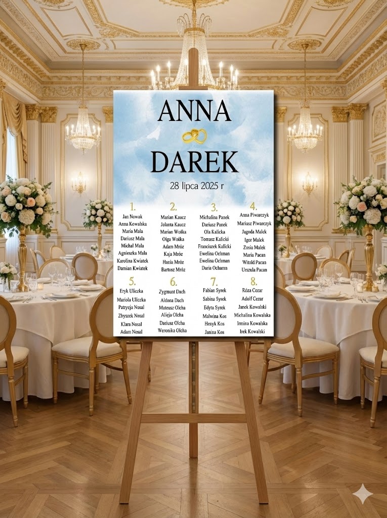 Plan Stołów Weselnych na Płótnie "Błękitna Akwarela i Złote Obrączki