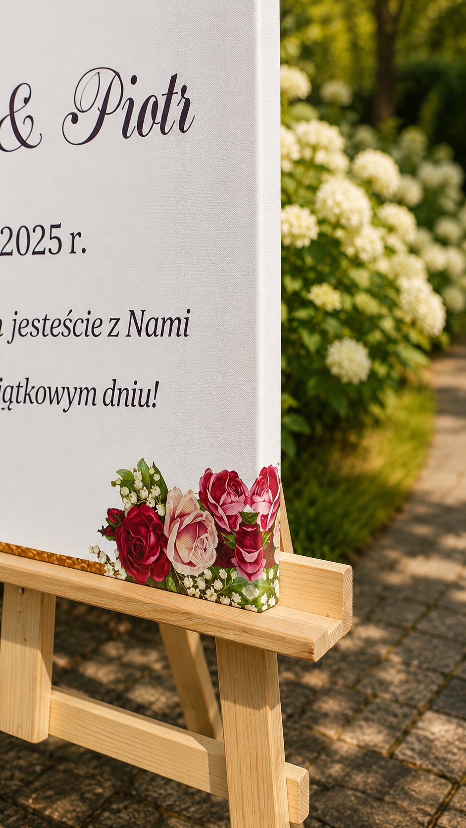tablica powitalna z personalizacją czerwone kwiaty