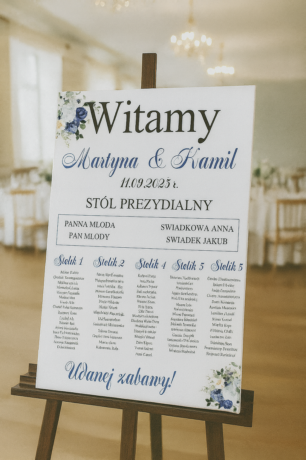 Plan Stołów Weselnych na Płótnie – "Granatowe Kwiaty i Stół Prezydialny"