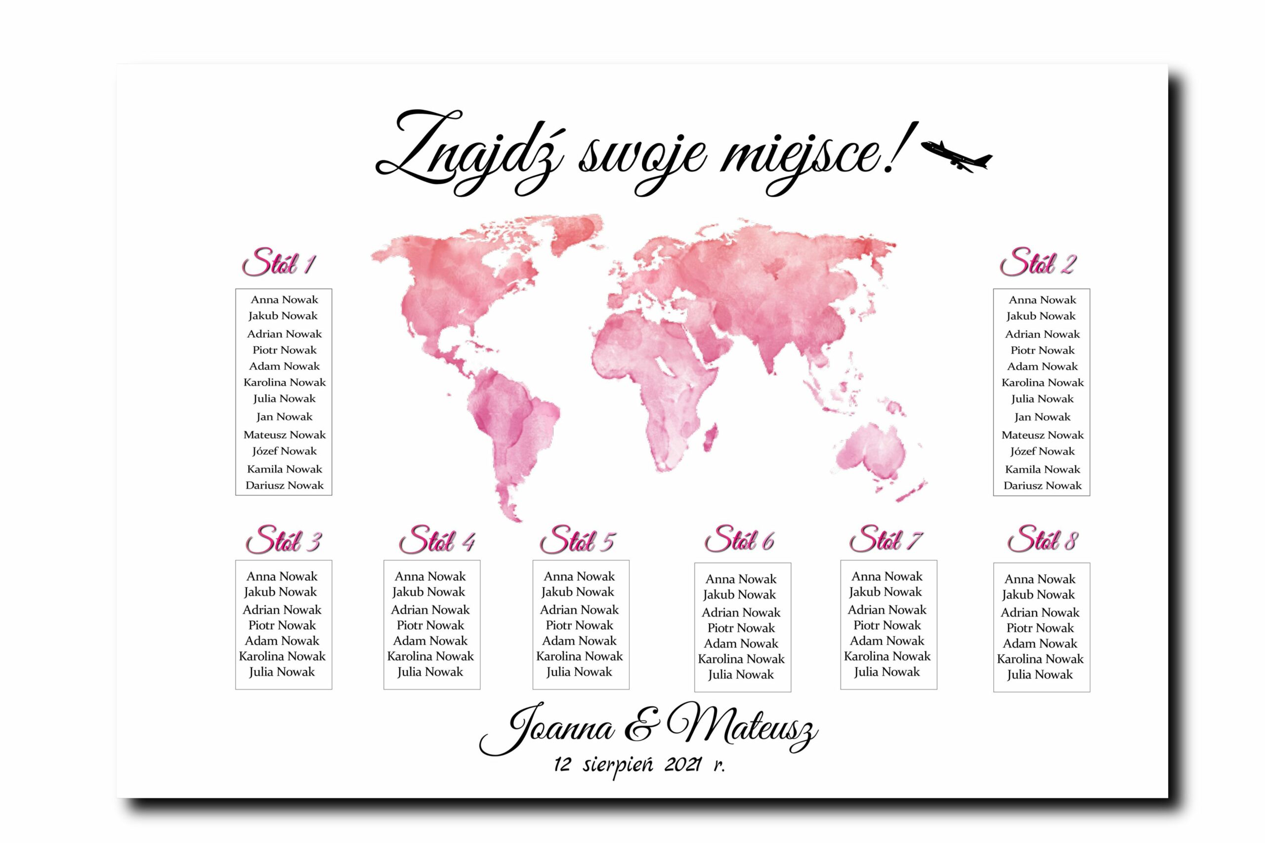 Tablica plan stołów gości weselnych mapa różowa