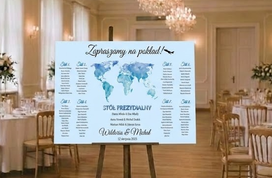 Obraz plan stołów mapa świata niebieska z listą gości obraz personalizowany