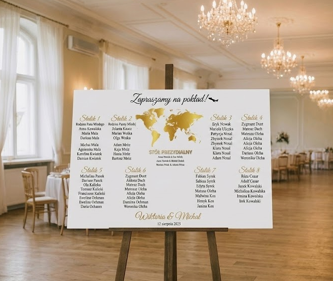 Plan stołów z listą gości mapa świata złota obraz z personalizacją