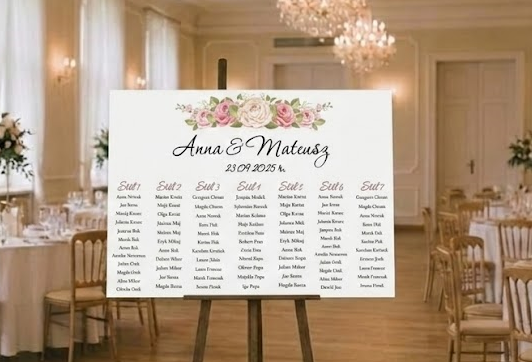 Obraz plan stołów z listą gości kwiaty różowe kolorowe z personalizacją