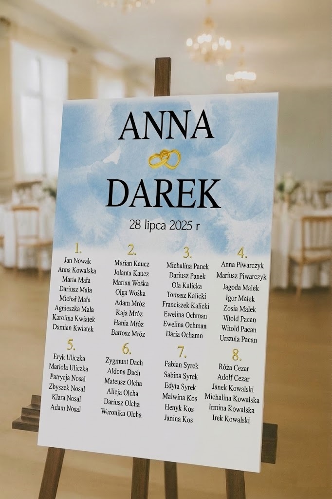 Obraz plan stołów z listą gości błękitny z obrączkami