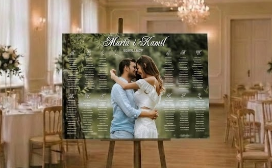 Plan stołów ze zdajecia ze zdjęciem z listą gości alfabetyczną obraz personalizowany