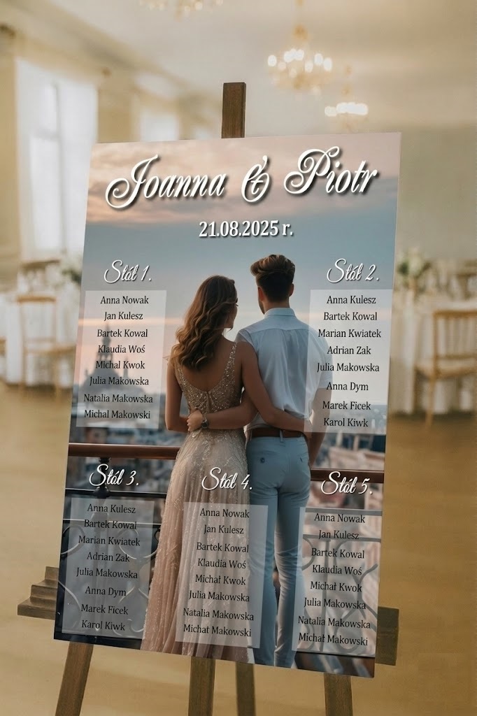 Plan stołów ze zdjęciem z własnym zdjęciem z listą gości personalizacja