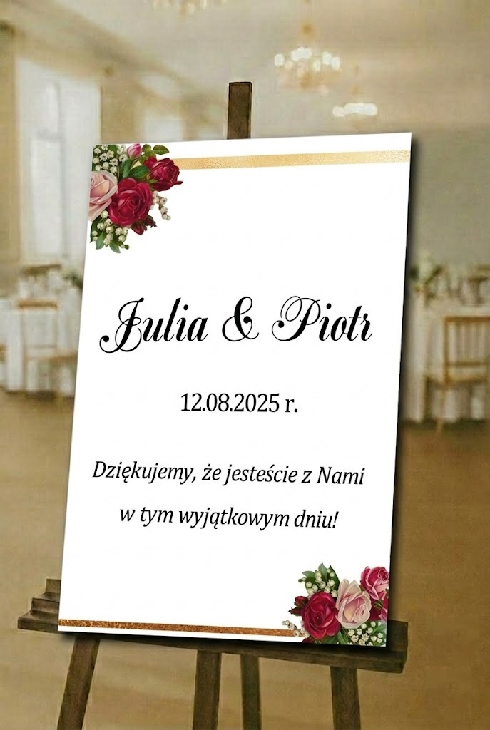 Tablica powitalna z personalizacją na wesele ślub CZERWONE KWIATY
