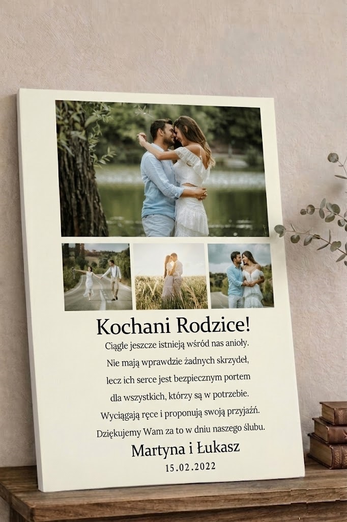 Prezent podziękowania ślubne dla rodziców obraz ze zdjęciem kolaż z 4 zdjęć z życzeniami