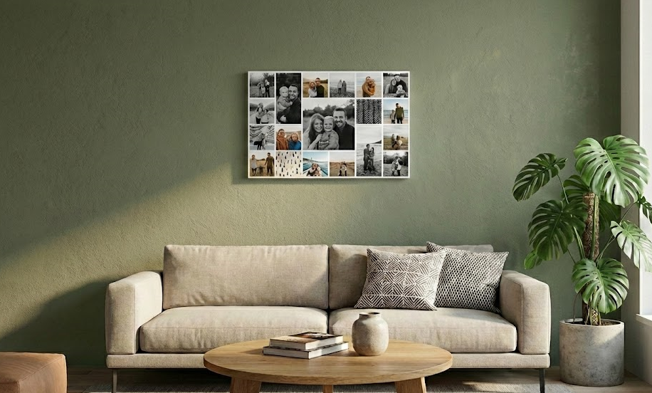 obraz kolaż ze zdjęć na ścianie w salonie