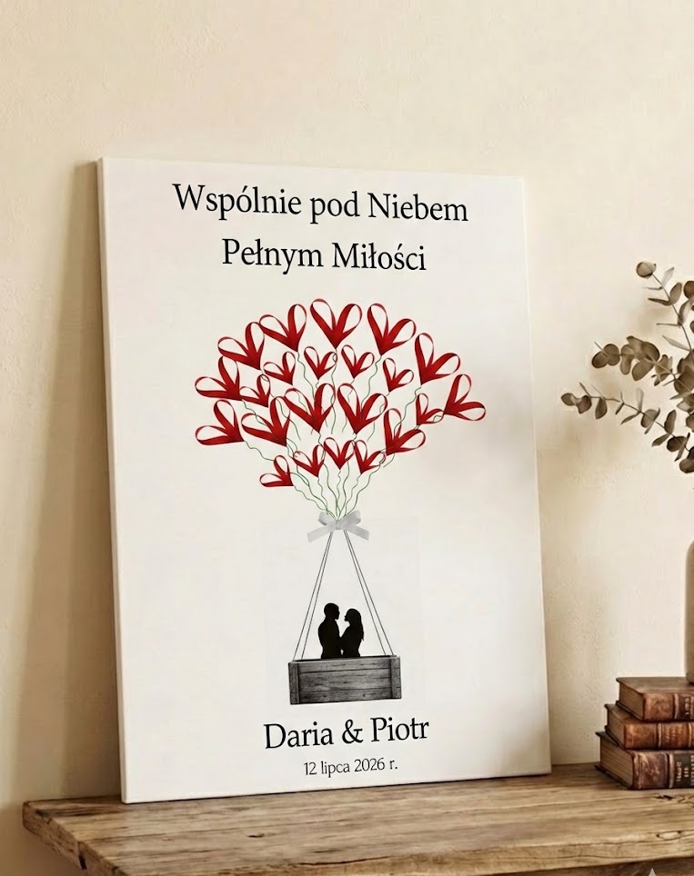 Księga gości obraz balon z sercami z parą młodą na podpisy odciski