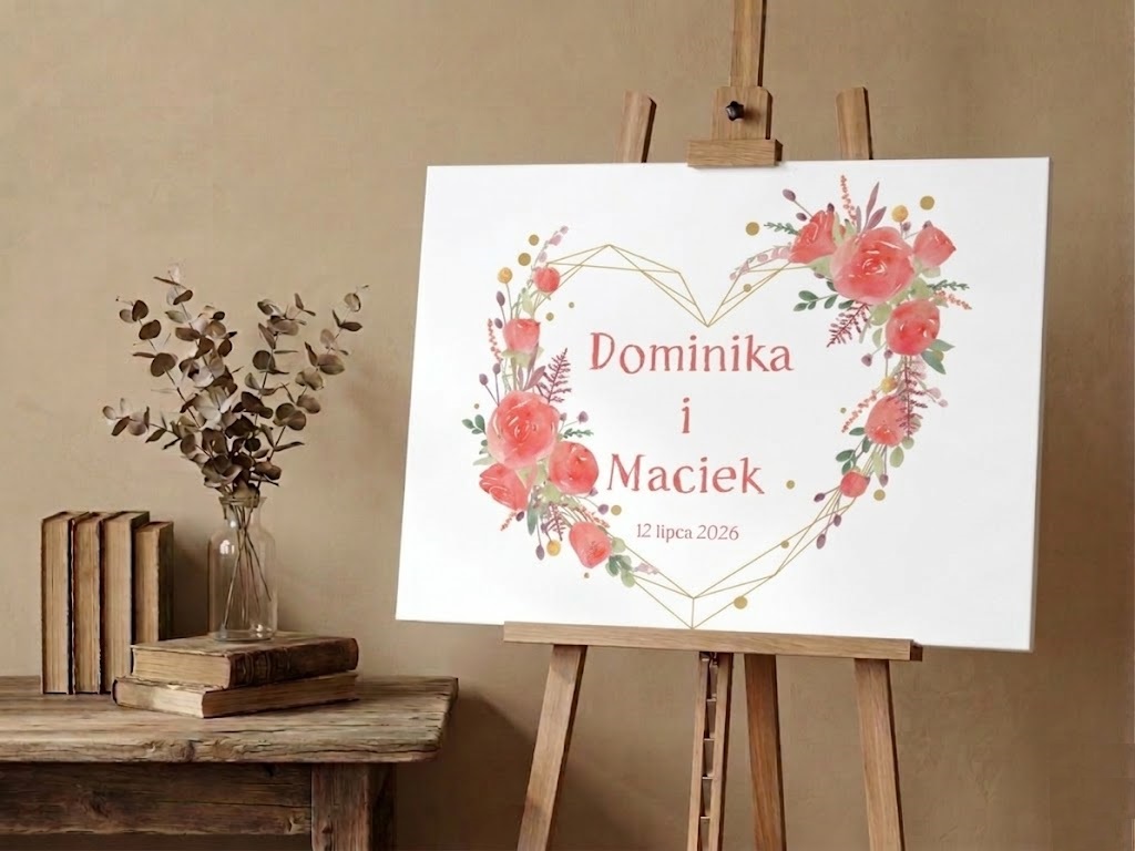 Obraz Tablica powitalna na ślub wesele róże i serce