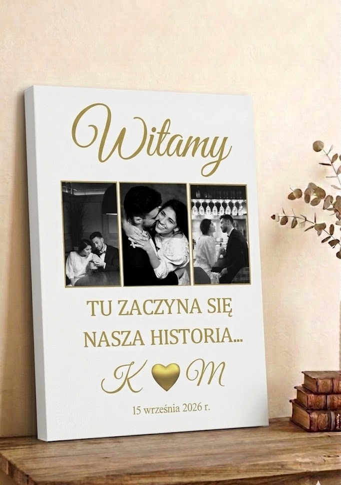 Tablica powitalna ślubna z 3 zdjęć kolaż obraz na płótnie z personalizacją