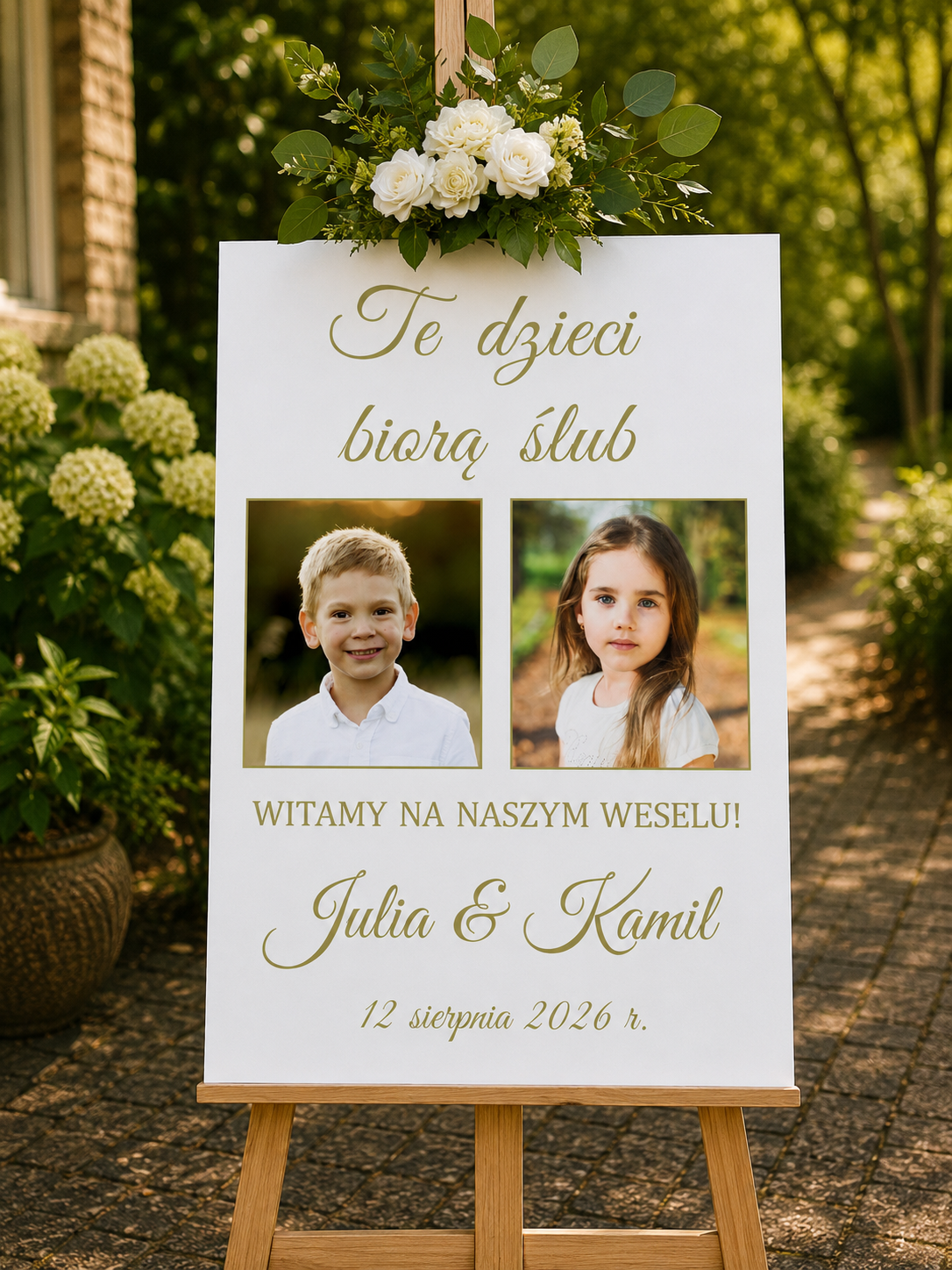 Tablica powitalna te dzieci biorą ślub obraz ze zdjęciami na ślub wesele