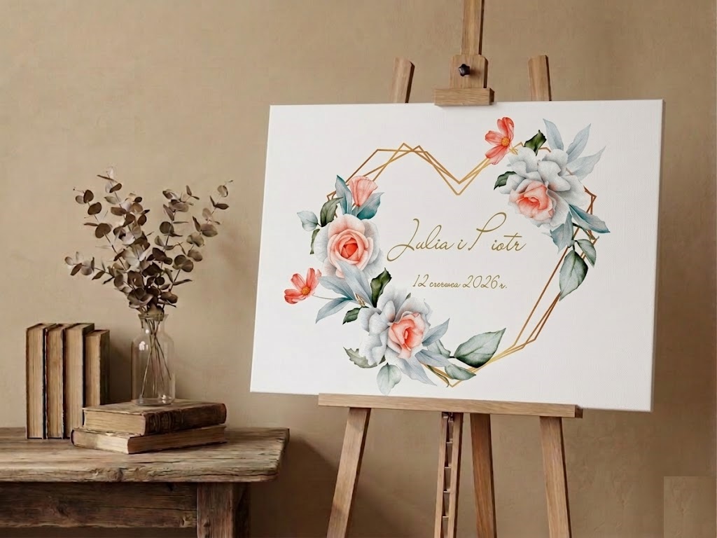 Obraz tablica powitalna z personalizacją złote serce i róże