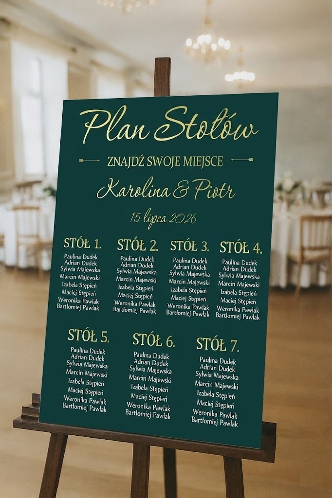 Obraz plan stołów z listą gości na wesele ślub butelkowa zieleń