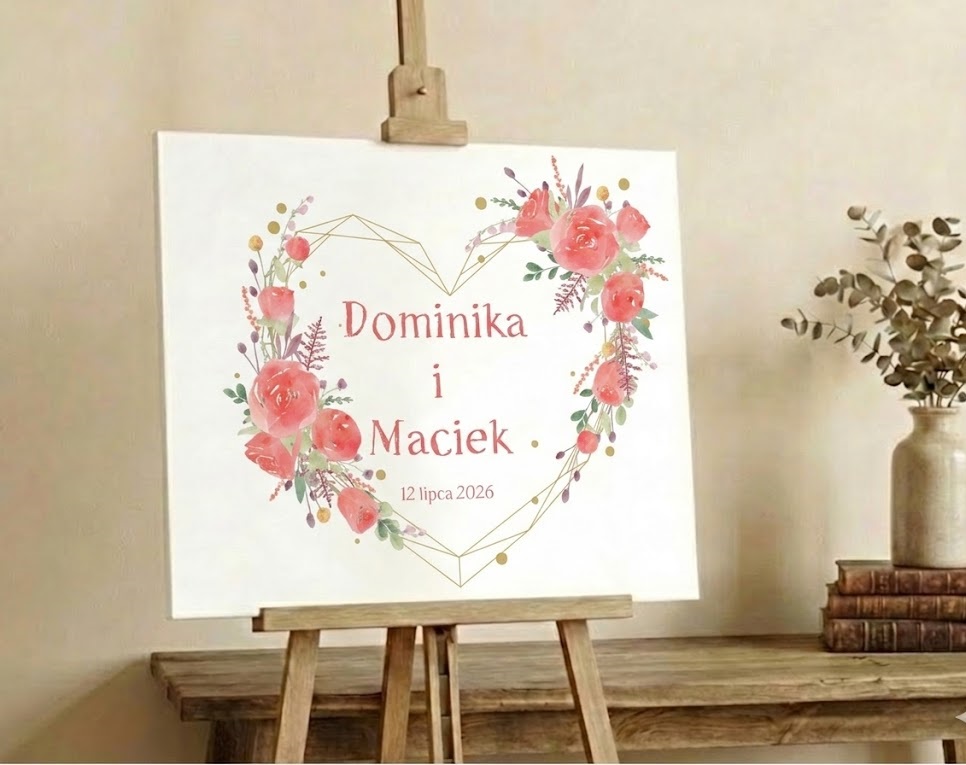 Obraz Tablica powitalna na ślub wesele róże i serce