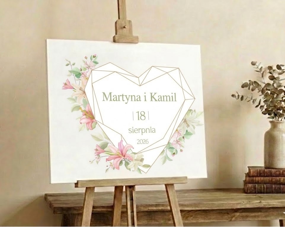 Obraz tablica powitalna na wesele ślub szałwiowa miętowa zieleń SERCE z personalizacją