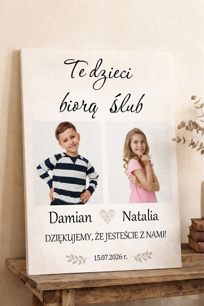 Tablica powitalna ze zdjęciem te dzieci biorą ślub obraz na płótnie