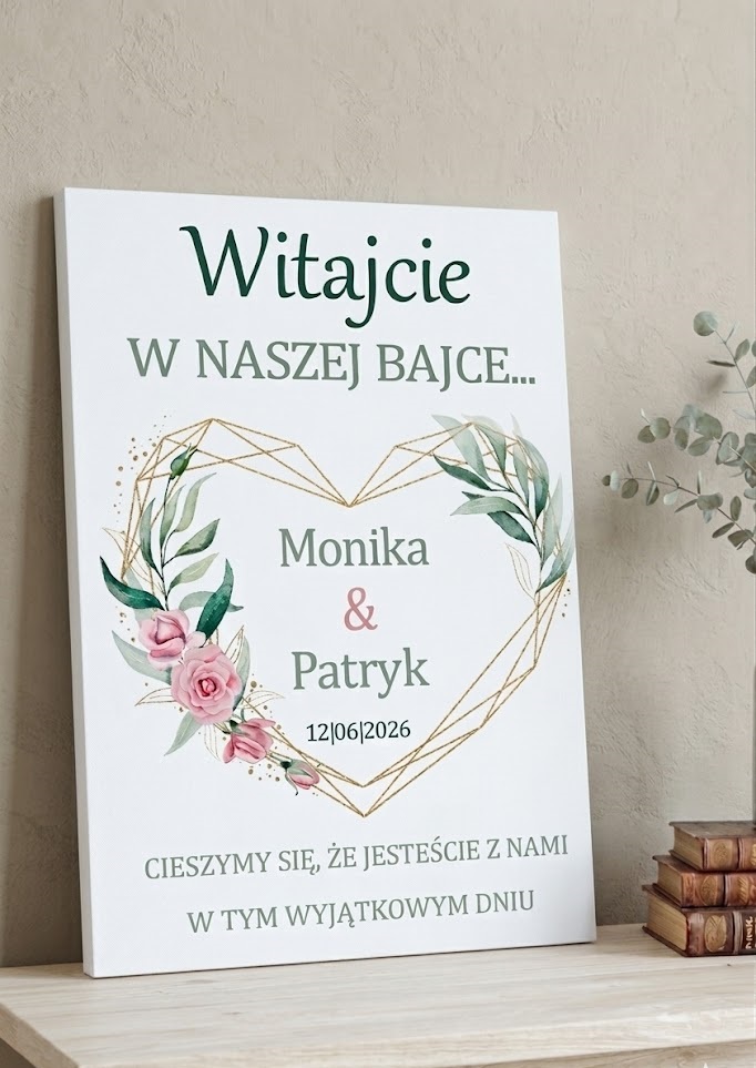 Obraz tablica powitalna ślubna z personalizacją SERCE