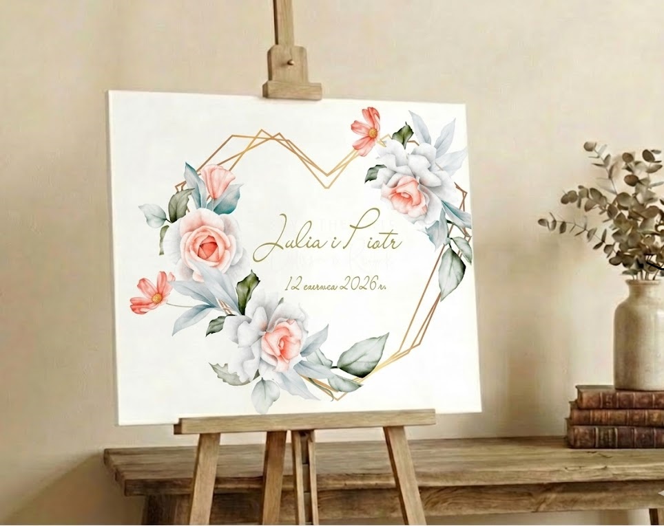 Obraz tablica powitalna z personalizacją złote serce i róże