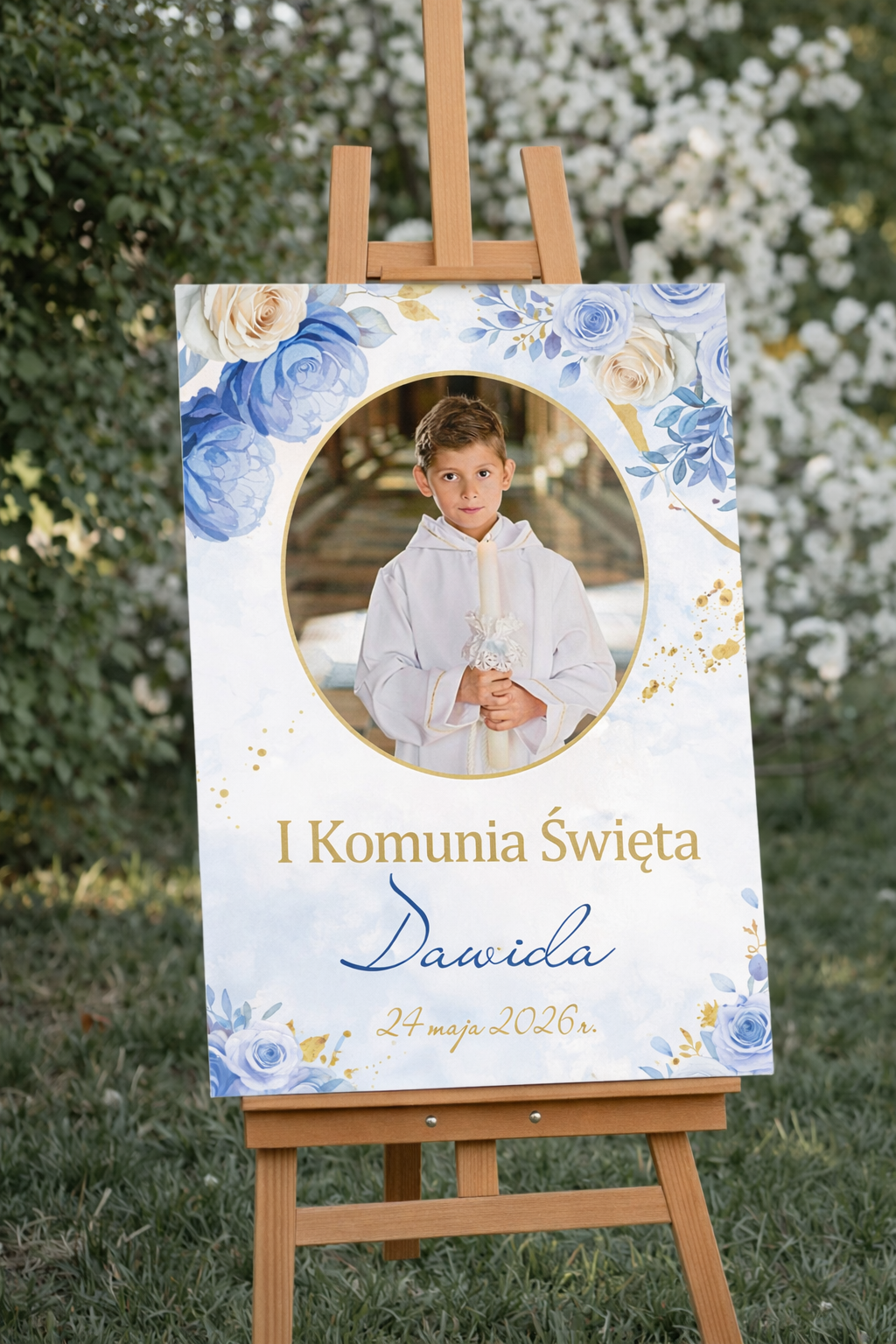 Plakat dekoracja na komunię dla chłopca ze zdjęciem i imieniem obraz na płótnie